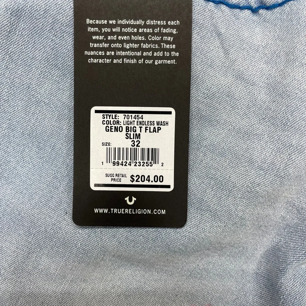 True Religion Geno Big T Flap Slim Jeans Mens 32 Light Blue Distressed 701454